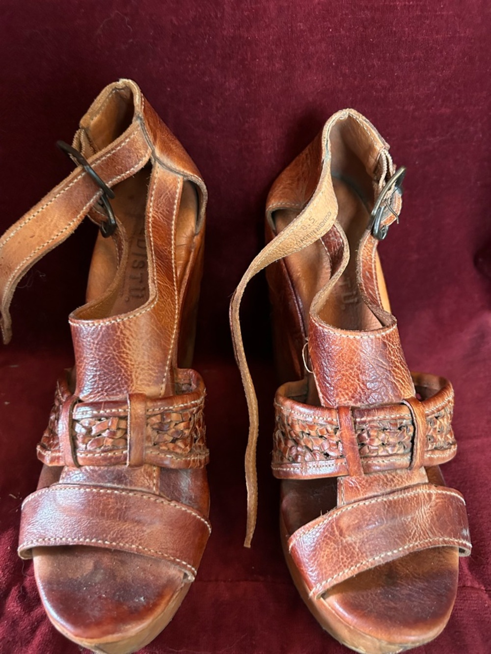 Bed Stu Cognac Braided Leather T-Strap Heels